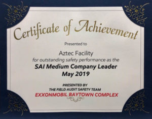 Tier One Aztec Awarded Safety Achievement Award by ExxonMobil Baytown